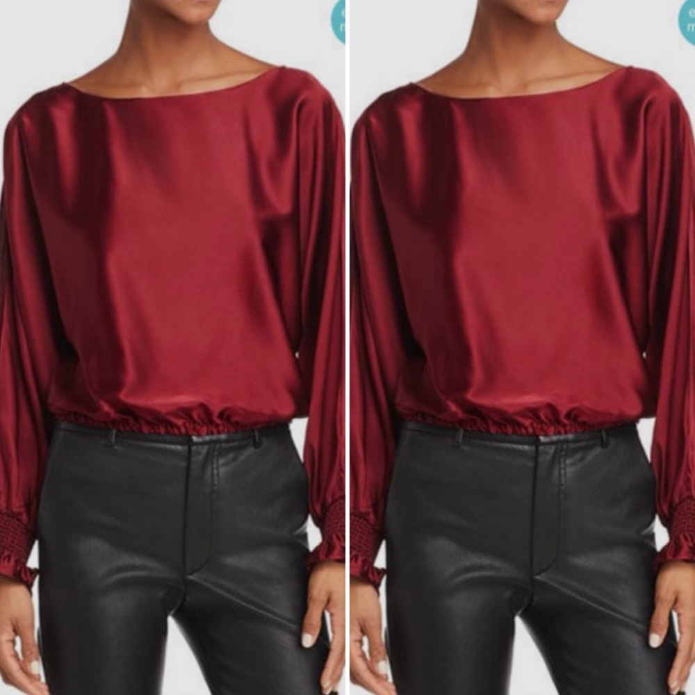 Ramy Brook Adena Boat-Neck Silk Split-Sleeve Top Bordeaux Sz S